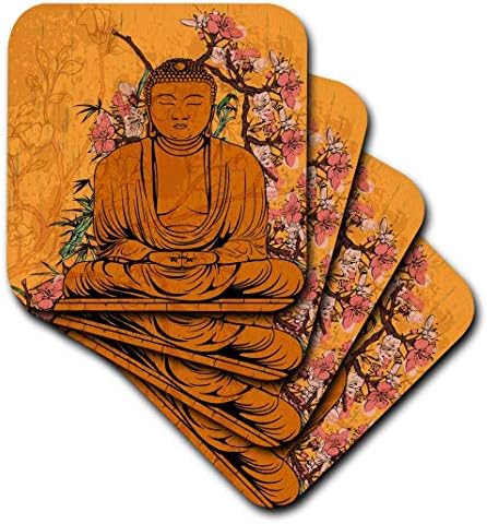 3дроза Статуа На Буда Со Прекрасна Розова Јапонска Сакура Цвет Цвеќиња Азиски Инспирирани Подароци - Керамички Плочки Подлоги, Сет од 4