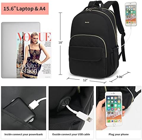 Breold лаптоп ранец за жени патувања за патувања 15,6 инчи, колеџ за книги за книги за девојчиња за девојчиња ранец ден пакет TSA пријателски расположен за училиште, црно