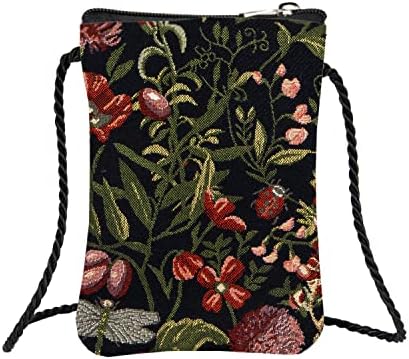 Signare Tapestry Mini Crossbody Телефонска торба, дами чанта за телефон, торба за мобилни телефони, телефонска чанта, паметна телефонска торба во утринска градина црн дизајн