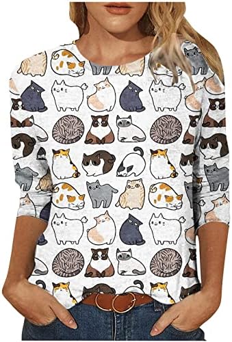Јуниори Долги 3/4 ракави мачки мачки графички блузи маички со екипаж, слатки животни есен летни маици 2023 ig