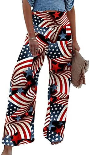 4 -ти јули женски постелнини широки панталони за нозе Американско знаме еластично руширани високи половини со широки нозе со џебови палацо панталони
