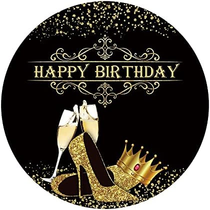 Yeelle 7x7ft роденденска рунда позадина сјајни златни потпетици круна шампањ црна позадина златни парчиња позадина за девојче 16 -ти 18 -ти 20 -ти 20 -ти роденденска забава Ба