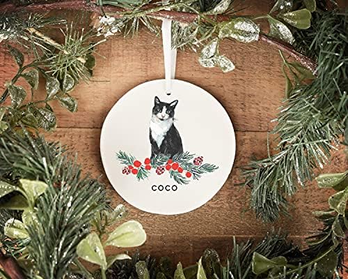 УТФ4Ц смокино украс за мачки, црно -бела мачка, обичај керамички круг рамен висички украс за украси за празници за новогодишни елки, MDC177