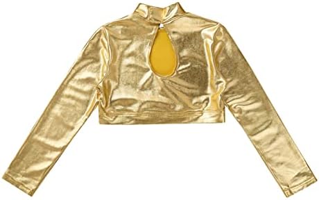 Моггмол Девојки девојки сјајни метални метални долги ракави со територии на култури за танцување маички за перформанси костим злато 12 години