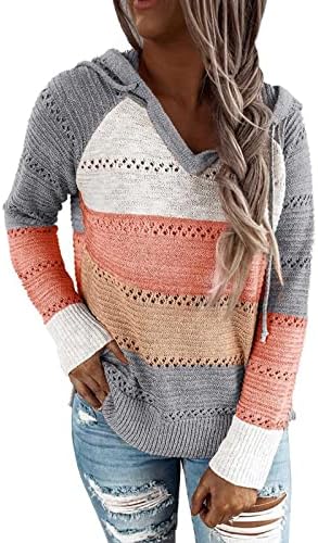 Женски обични дуксери џемпери мода со долги ракави блок -крпеница пулвер плетен џемпер со качулки шупливи врвови
