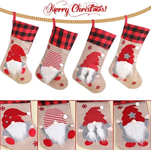 Божиќни чорапи 4 парчиња сет, уникатни 3Д гноми Божиќни чорапи Санта Клаус Камино виси чорапи за Божиќни украси Семеен празник