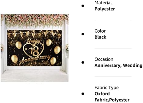 5665 Среќна 18 Годишнина Позадина Банер Декор Црно Злато Сјај Љубов Срце Среќен 18 Години Свадба Годишнина Партија Тема Украси