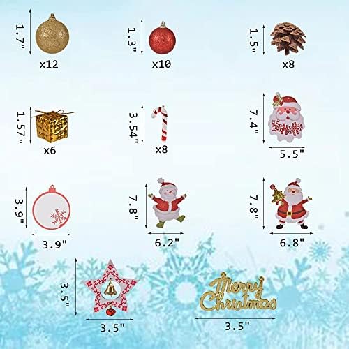55 парчиња украси за новогодишни украси Декорации црвена и златна Божиќна топка постави дрвени Божиќ што виси Дедо Мраз, орнаменти