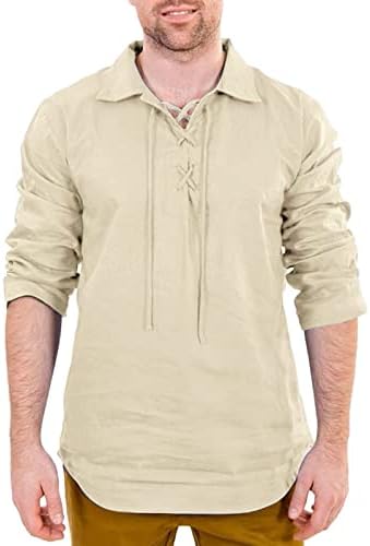 HGCCGDU мажи Обичен памучен постелнина маица со долга ракав плажа чипка на хипи кошула лапел против вратот на вратот удобен селански блуза