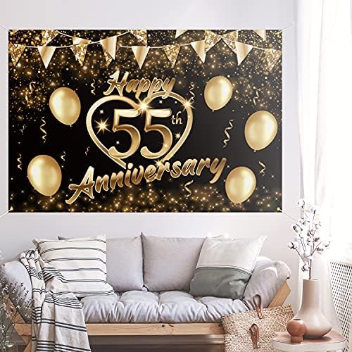 Среќна 55-годишнина Позадина Банер Декор Црно Злато - Сјајот Љубов Срце Среќен 55 Години Свадба Годишнината Тема Декорации За Жени Мажи Материјали