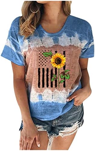 Американско знаме сончоглед врвови жени модна вратоврска боја 4 -ти јули патриотски маички 2023 летни кошули за независност