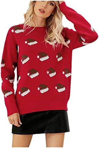 Christmasенски Божиќен џемпер Смешна Божиќна капа симпатична пулвер случајна лабава лабава долга ракав тренд за одмор џемпер кошула