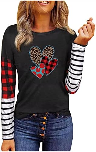 Леопард маици за печатење на срце, жени Валентин Бафало карирана лента за крпеница со долги ракави маица симпатична излегува туника
