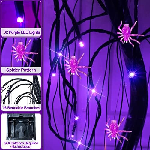 Турнмеон 24 предводена од вештерките на вештерките декор 32 виолетови светла тајмер батерија напојува 8 DIY висечки пајаци украси црни плашливи таблети дрво Ноќта на ?