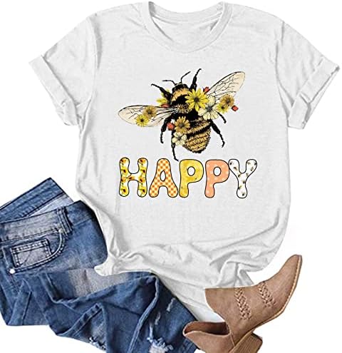 Festivalенски пчела фестивал летни врвови кратки ракави смешни пчели букви печатени маици обични лабави пуловер маички