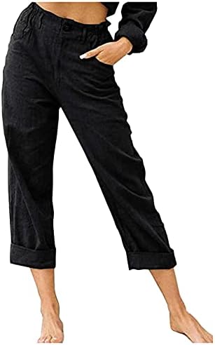 Panенски памучни постелнини панталони Обични еластични половини широки панталони за нозе Опуштете се вклопени летни џемпери со џебови со џебови
