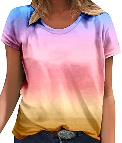 Женски тунични врвови жени лето лето -обичен тркалезен врат градиент печати кратки ракави маички врв
