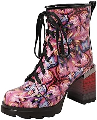 Женски чизми за глуждот мода печатена густа висока потпетица чипка на студентски снежни чевли борбени чизми зимски чизми на