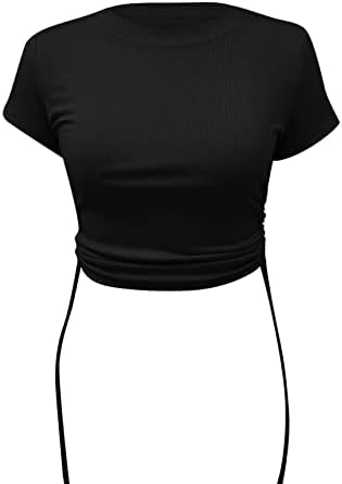 МИАШУИ 4х Плус Големина Врвови Боја Цврста Врвка За Влечење О Блуза Т Летна Модна Кошула Ракав Женска Средна Кратка Компресија