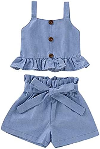 Облека за тексас на бебе девојче Детем постави избришани врвови на ремени култури+ тексас кратки панталони со летна облека од