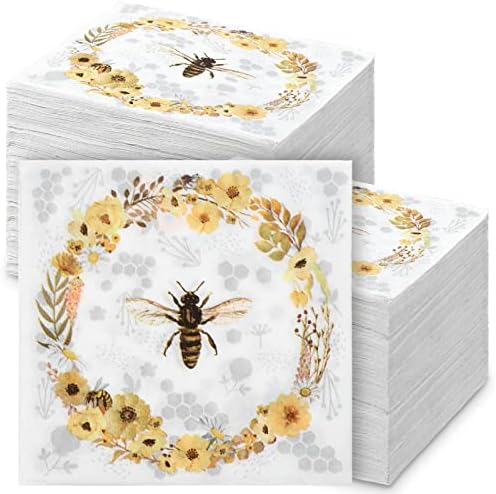 200 Парчиња Пчела Диви Цвеќиња Венец Салфетки 2 Слоеви Пчели Пијалаци Коктел Салфетки Декоративни Хартиени Салфетки За Вечера