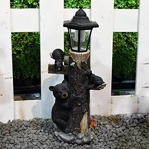 Орити мечка статуа добредојде на знак за градинарска статуа со соларни светла, смола мечка семејство на дрво, декор на отворено