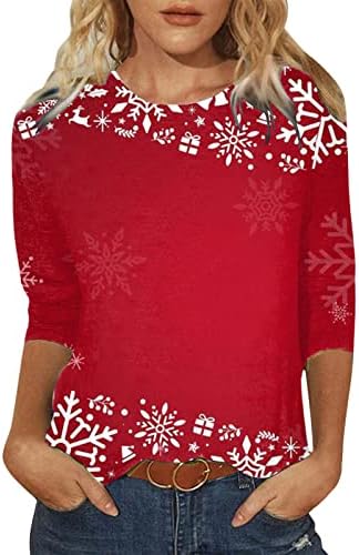 Среќни Божиќни кошули за жени Симпатични смешни долги ракави Божиќ ирваси Графички печати обична маица блуза со блузи врвови