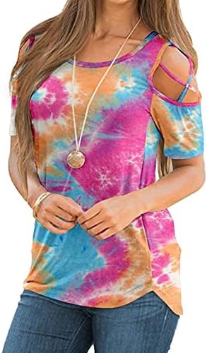 Обични кошули за жени секси, женски летни страшни ладно рамо врвови со кратки ракави цветни печатени маица обична блуза розова