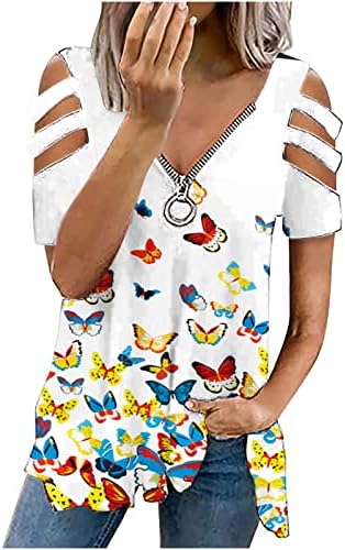 Летна маица за жени за жени Zipper v вратот ладно рамо на рамото на врвот на цветните печатени лабави блузи Туника на врвови