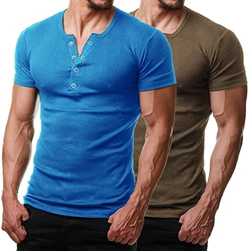 Коофанди машки мускули Хенли кошули 2 пакети кратки ракави случајни основни модни маици
