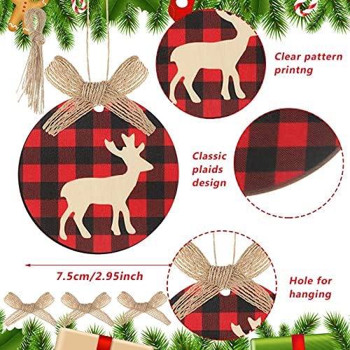 12 парчиња дрвен Божиќен украс Божиќно дрво што виси ознака Божиќ, дрвени парчиња карирани животински украси Божиќни рунда,