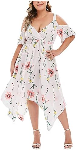 Фрагрн летен фустан, модни жени плус големина отворено рамо, цветно печатено марамче за марамче со врат, V-вратот