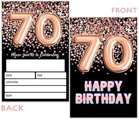Покани за 70 -ти роденден на Шлинко, црно злато сјај роденденска забава, 70 роденденски покани за девојчиња, прослава за забава,