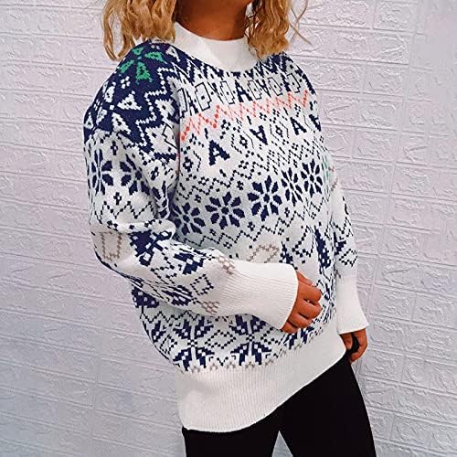 Womenените плетени Божиќни шема џемпер обичен празник пулвер удобно екипаж со џемпери со долг ракав