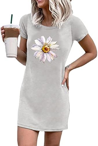 Мода со цврста боја на мода, печатен обичен врат краток ракав краток фустан