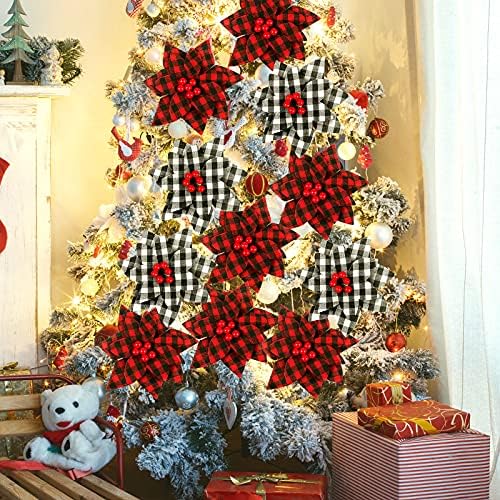 8 парчиња биволски карирани поинсетии украси за новогодишна елка вештачки поинсетии Божиќни декори Поинсетиа елка декори црвени