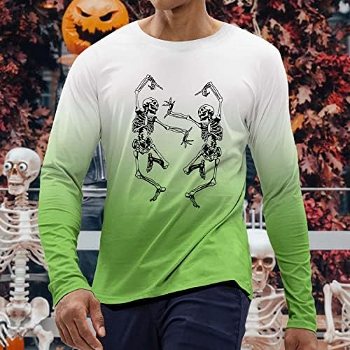 ZDDO Halloween маици за мажи со долг ракав смешен скелет за печатење градиент кошула мускулатура тенок фит забава екипаж на