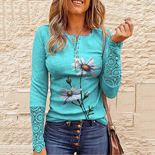 Употреба на женското копче Хенли Ворт Ворт Рбебни тенок кошула крпеница чипка шуплива блуза цветно печатена маица