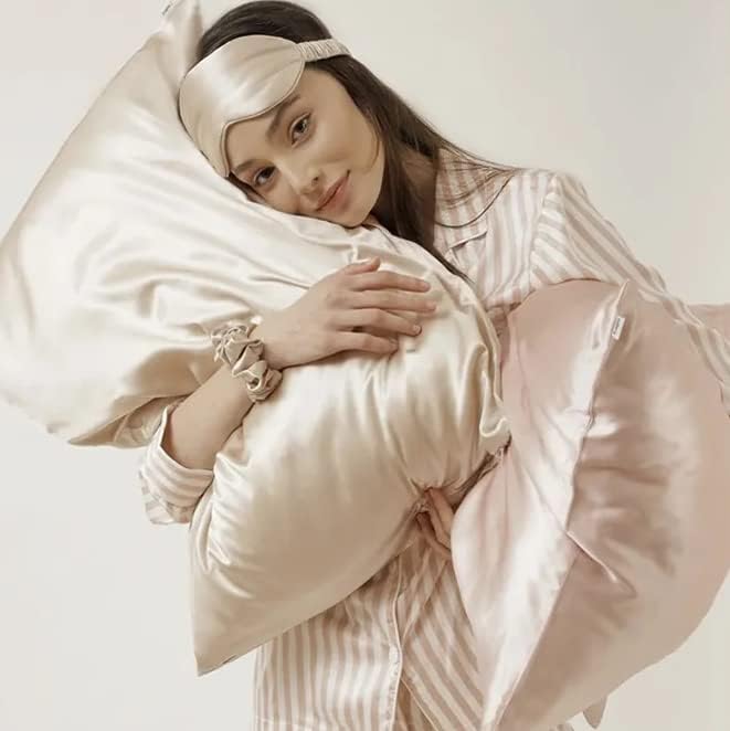 Слободен духовен животен стил | Свила спиење сет за коса и кожа - 22 мама кралица со големина црница свилена перница, маска