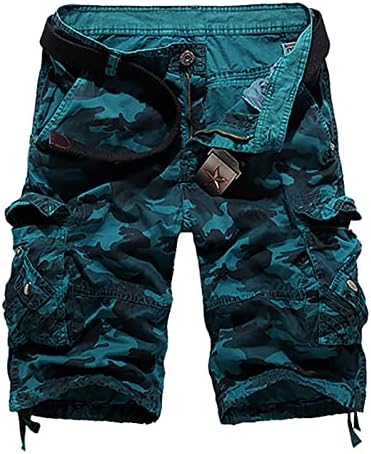Камо карго шорцеви за мажи обични мулти џебни воени кратки опуштени вклопувани лесни маскирни шорцеви без појас