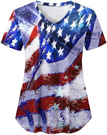 Кошули на 4 јули За Жени Американско Знаме Летна Маичка Со Кратки Ракави Со В-Врат со 2 Џебови Блузи Празнична Секојдневна Работна