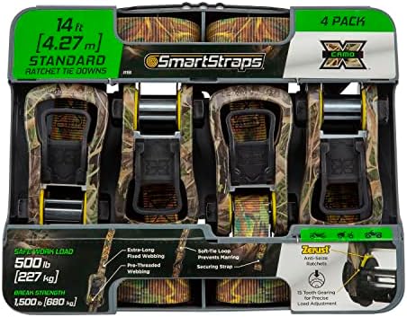 SmartStraps 14 'Camo X Ratchet Ratchet, 4 пакувања - Стандардни ленти со камо -ретчиња, 1,500lb јачина на пауза, безбедно оптоварување