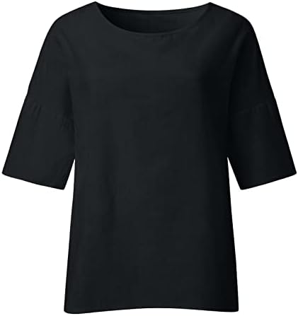 Womenените памучни ленени врвови врвови плус големина модни цврсти туники, обични лабави вклопени удобни 3/4 кошула со ракави