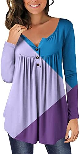 Облекани врвови за жени со боја на бои, плетенкав В-врат Туника Врв со долг ракав Отворено копче лабаво вклопување на блуза