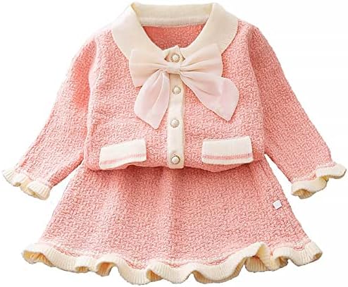 Дете за бебиња девојки есен зимски облеки плетени копчиња џемпер врвови мини здолниште руфла со долг ракав туту фустан 2 парчиња