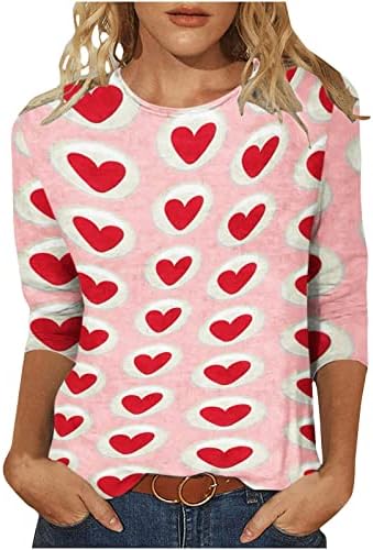 Срцеви печатени врвови за жени модна фустана блуза Ден на в Valentубените 3/4 маички со ракави, обична лабава маичка за лабава