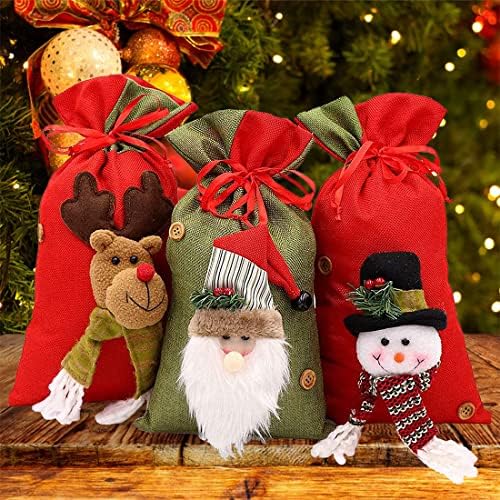 Хингсонг 3д Дедо Мраз Вреќи За Влечење Божиќни Торби За Подароци Комплет од 3, Еднократно Дедо Мраз Снешко Ирваси Торби ЗА Врвки