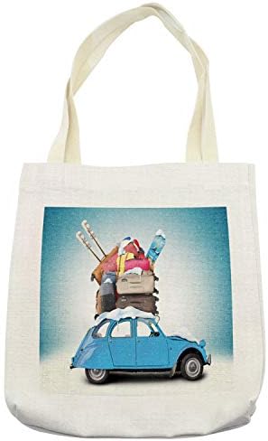 Зимска торба за зимска тота, патувајќи тематски снежни слики ски -багаж, сини гроздобер автомобил за одмор, крпа за ленена торба
