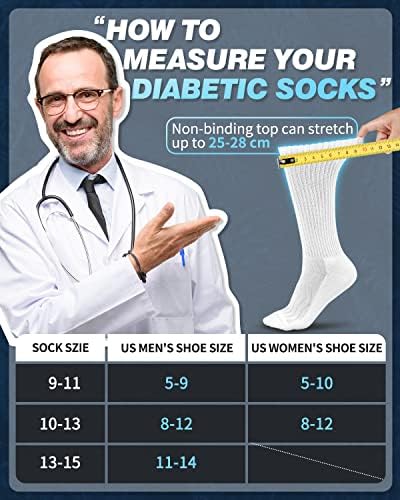 Лин дијабетични чорапи за мажи и жени | Екстра широко не обврзувачки, пакет 12, црно-бело, 10-13