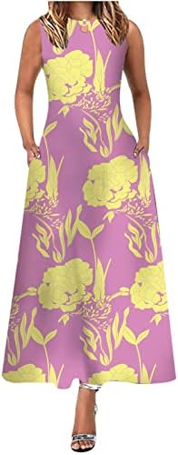 Женски хипи викторијански бохо фустани цветни графички фустани без ракави екипаж спандекс летни есен фустани 2023 j4